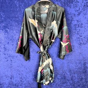 Japanese kimono, satin, black, white, silver, and pink, bird, & mountain pattern